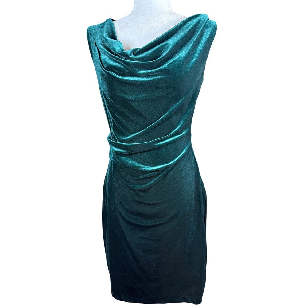 Jessica Howard Emerald Green Velvet Cowl Neck Ruched Sheath Dress Womens Size 8